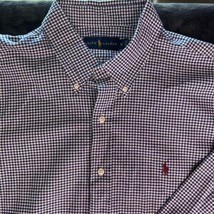 Ralph Lauren Button Down Shirt XL Navy White Check Cotton Stretch Long Sleeve